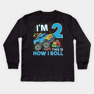 2nd Birthday Monster Truck Party Gift 2 Year Old Boy Kids Long Sleeve T-Shirt